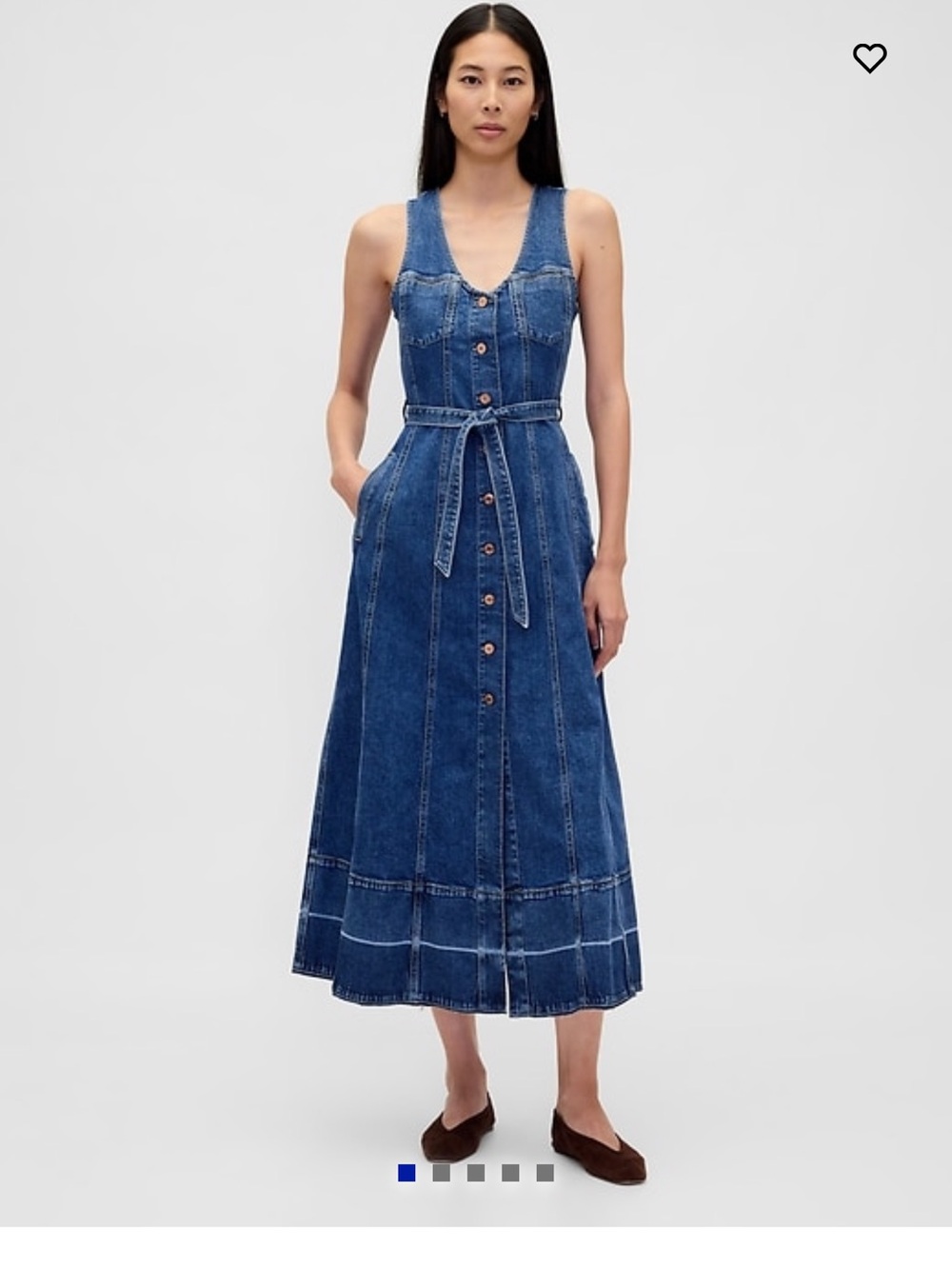 Women’s Dark Blue Denim Button-Front Maxi Dress with Waist Tie